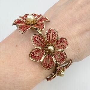 RARE Vtg MARINO JEWELRY CO Bracelet Red Floral Enamel Filigree Faux Pearl Link